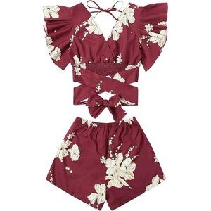Large Burgundy White Floral Wrap Crop Top High Waist Shorts 2 Piece Set LRG